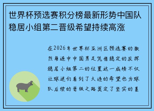 世界杯预选赛积分榜最新形势中国队稳居小组第二晋级希望持续高涨