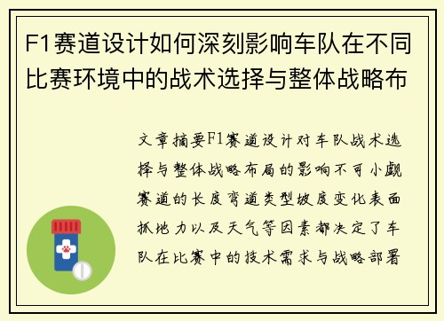 F1赛道设计如何深刻影响车队在不同比赛环境中的战术选择与整体战略布局